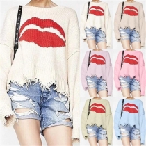 Chic Style Round Neck Red-lip Pattern Tassel Hem Sweater