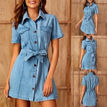 Fashion Short Sleeve POLO Collar Denim Dress with Waist Strap