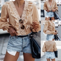 Sexy Lace Spliced Ruffle V-neck Long Sleeve Solid Color Top 