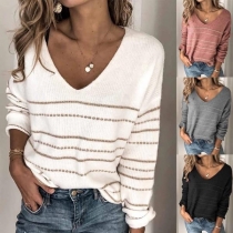 Fashion Long Sleeve V-neck Striped Knit Top