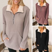 Fashion Solid Color POLO Collar Plush Lining Knit Top