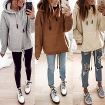 Fashion Solid Color Long Sleeve Hooded Drawstring Hem Sweatshirt 