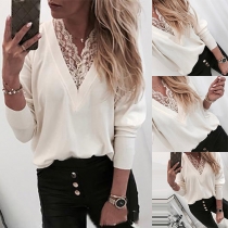 Sexy Lace Spliced Long Sleeve Solid Color T-shirt