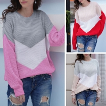 Fashion Contrast Color Long Sleeve Round Neck Sweater
