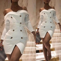 Sexy Off-shoulder Long Sleeve Double-breasted Party Dress
