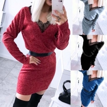 Sexy Backless Lace Spliced V-neck Long Sleeve Slim Fit Dress