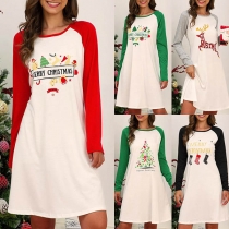 Fashion Contrast Color Long Sleeve Round Neck Printed Christmas Dress