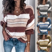 Fashion Contrast Color Long Sleeve V-neck Sweater