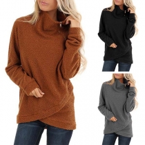 Fashion Solid Color Long Sleeve Stand Collar Irregular Hem Plush Sweatshirt