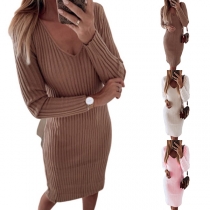 Fashion Solid Color Long Sleeve V-neck Slim Fit Knit Dress