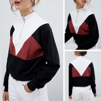 Fashion Contrast Color Long Sleeve Stand Collar Sweatshirt