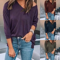 Fashion Solid Color Long Sleeve V-neck Loose T-shirt
