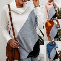 Fashion Contrast Color Long Sleeve Cowl Neck T-shirt