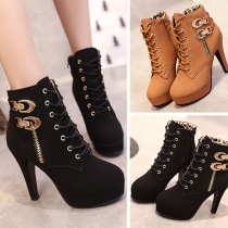 Sexy High-heeled Round Toe Side-zipper Lace-up Ankle Boots Booties