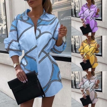 Fashion Long Sleeve POLO Collar Chain Printed Shirt Dress