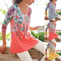 Fashion Long Sleeve V-neck Printed T-shirt