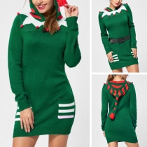 Cute Style Long Sleeve Striped Spliced Hooded Sweater Dress