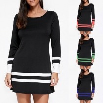 Fashion Striped Spliced Long Sleeve Round Neck T-shirt Dress