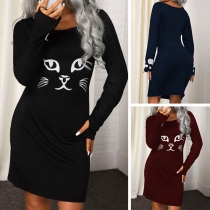 Cute Cat Printed Long Sleeve Round Neck Sweatshirt Dress