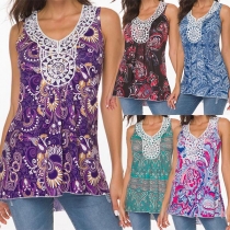 Fashion Lace Spliced V-neck Printed Tank Top 
