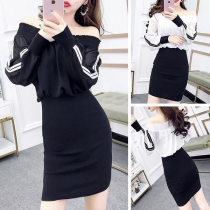 Sexy Off-shoulder Boat Neck Striped Spliced Long Sleeve Slim Fit Dress