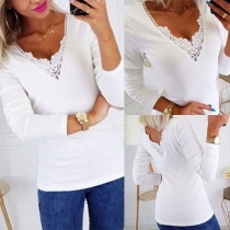 Sexy Lace Spliced V-neck Long Sleeve Solid Color T-shirt 