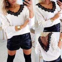 Sexy See-through Lace Spliced Long Sleeve V-neck Top
