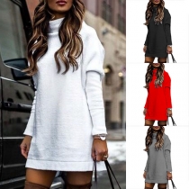 Fashion Solid Color Long Sleeve High Collar Loose Short Dress