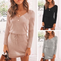 Fashion Solid Color Long Sleeve V-neck High-low Hem Dress