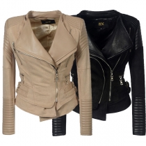 Fashion PU Leather Spliced Long Sleeve Oblique Zipper Slim Fit Jacket