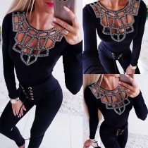 Sexy Long Sleeve Round Neck Hollow Out Rhinestone Spliced T-shirt