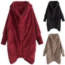 Fashion Solid Color Irregular Hem Hooded Plush Coat