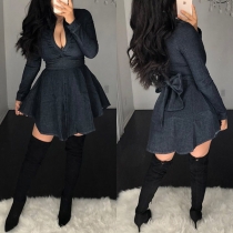 Fashion Long Sleeve POLO Collar Bow-knot High Waist Denim Dress