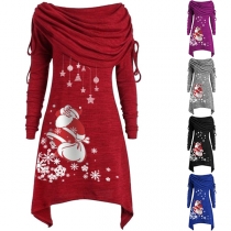 Cute Santa Claus Printed Long Sleeve Cowl Neck Irregular Hem Dress
