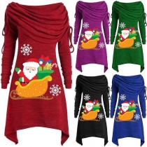 Fashion Long Sleeve Cowl Neck Irregular Hem Santa Claus Printed Dress