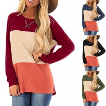 Fashion Contrast Color Long Sleeve Round Neck Slit Hem T-shirt