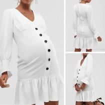 Fashion Solid Color Long Sleeve V-neck Ruffle Hem Maternity Dress