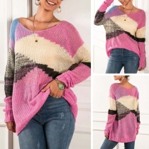 Fashion Contrast Color Long Sleeve Round Neck Loose Knit Top