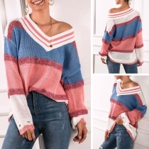 Fashion Contrast Color Long Sleeve V-neck Loose Ripped Knit Top