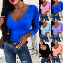 Fashion Solid Color Long Sleeve Round Neck Lace-up T-shirt