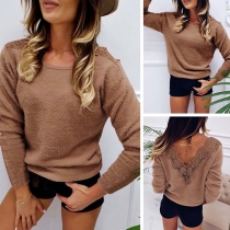 Sexy Lace Spliced Backless Long Sleeve Round Neck Top