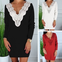 Sexy Lace Spliced V-neck Long Sleeve Dress