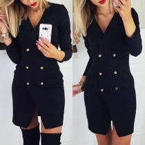 Sexy V-neck Slit Hem Long Sleeve Double-breasted Dress