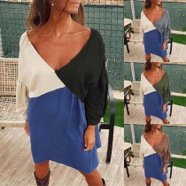 Sexy Backless V-neck Lantern Sleeve Contrast Color Dress