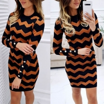 Fashion Long Sleeve Round Neck Slim Fit Wavy-stripe Printed Dress