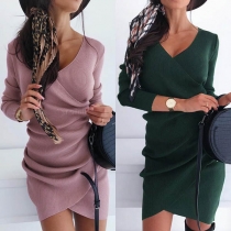 Sexy V-neck Irregular Hem Long Sleeve Solid Color Dress