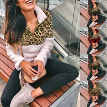 Fashion Leopard Spliced Long Sleeve Stand Collar Plush Sweatshirt