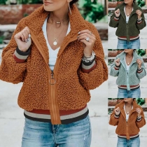 Fashion Striped Spliced Long Sleeve Stand Collar Plush Coat