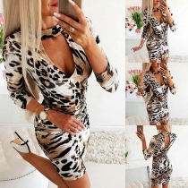 Sexy Backless V-neck Leopard Printed Tight Dress