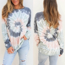 Fashion Long Sleeve Round Neck Tie-dye Printed T-shirt